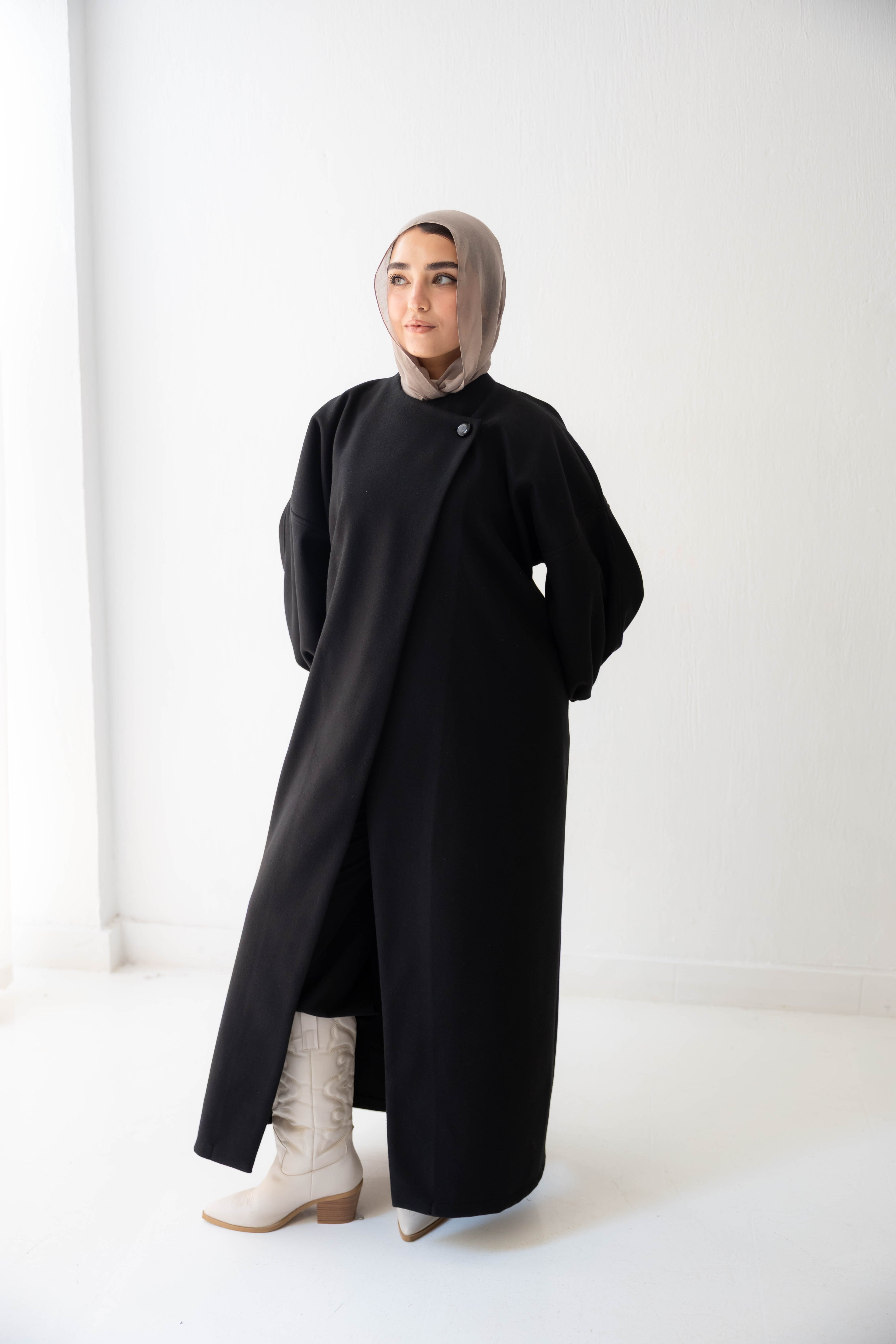 Luna Drape-Front Maxi Coat in black