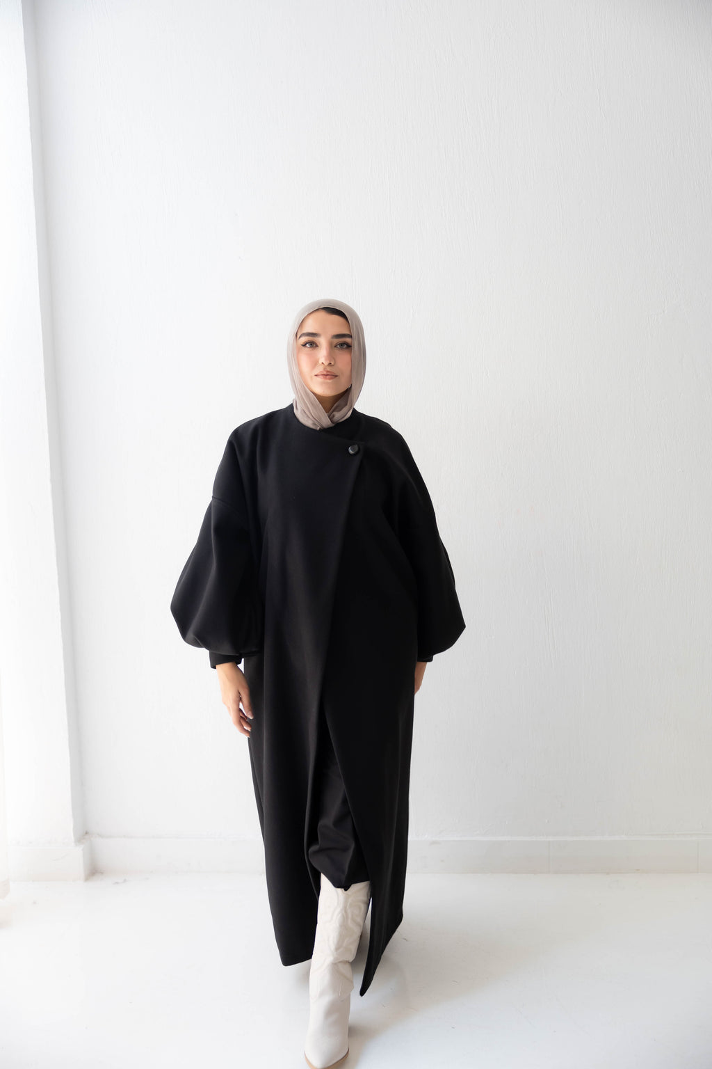 Luna Drape-Front Maxi Coat in black